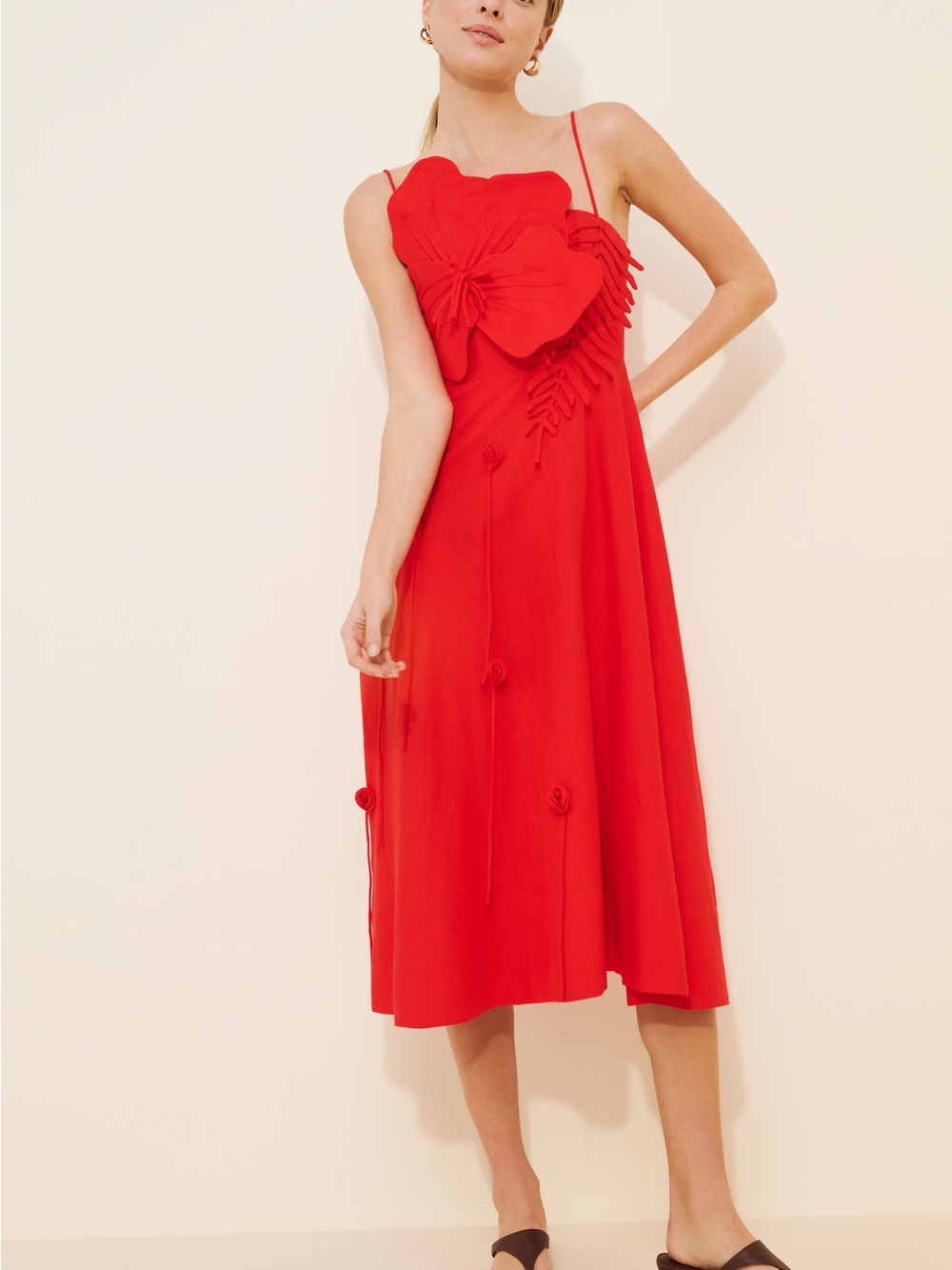 FARM Rio Red Spaghetti-Strap Midi Dress with Floral Detail - Picture 10 of 13